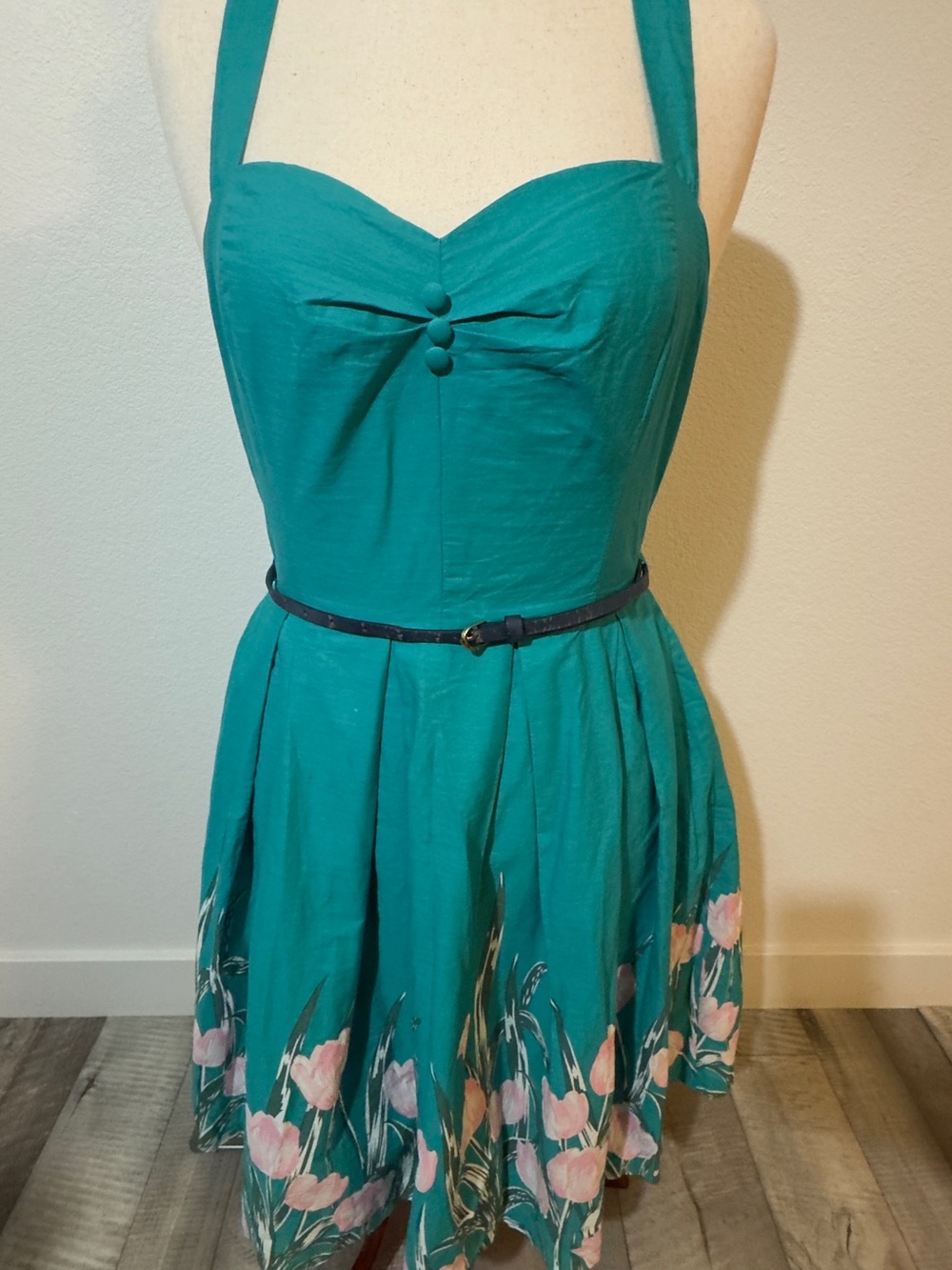 Lindy Bop Turquoise Midi Dress with Pink Tulip Floral Hem - Picture 2 of 7